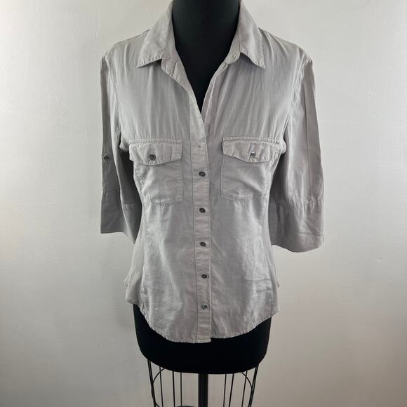 JAMES PERSE Gray Top Cotton 3/4 Sleeve Pockets Collared Classic Button-Up Size 3 - Picture 2 of 8
